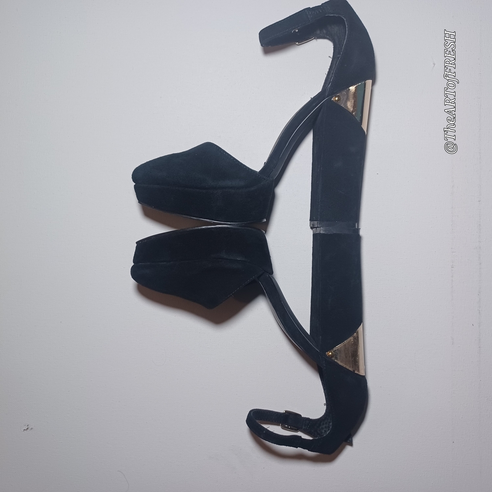 Black Suede Block Heels with Gold Accents - Picture 2 of 16